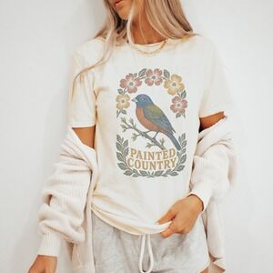 Painted Country Bird Graphic Tee Vintage Woodcut Style Nature Art